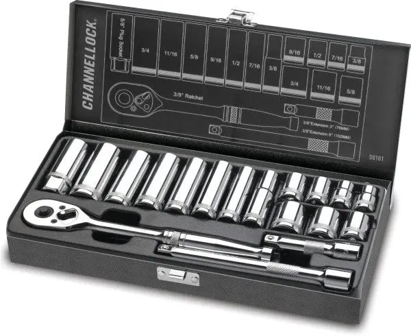 Channellock Set of 18 3/8 in Drive SAE Socket with Metal Box - CL 38181 Socket Set Channellock
