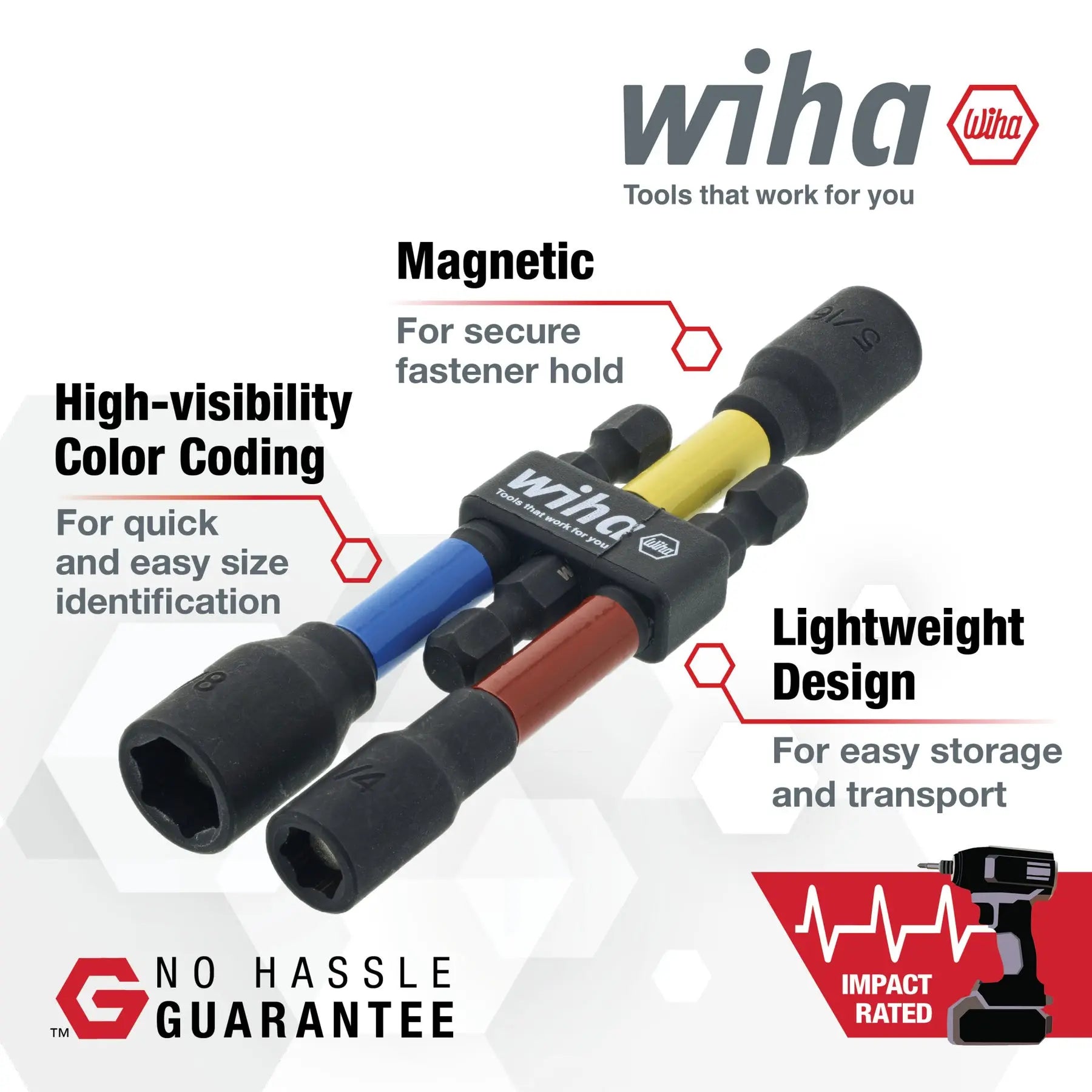 Wiha Set of 3 Color Coded SAE Magnetic Nut Setters, 3 in - WI 70489 Wiha
