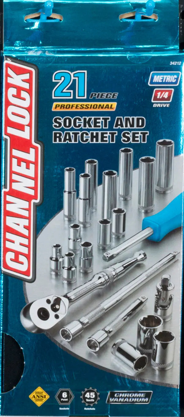 Channellock Set of 21 1/4 in Drive Metric Socket with Metal Box - CL 34212 Socket Set Channellock