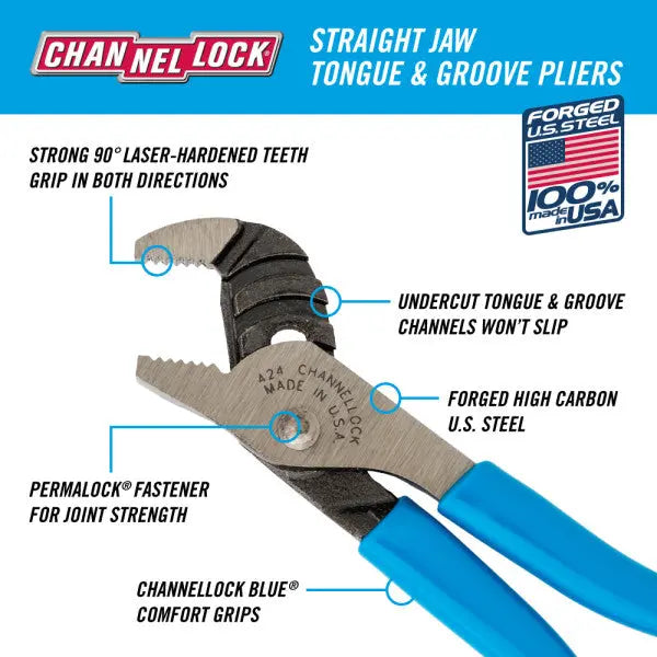 Channellock Straight Jaw Tongue and Groove Plier, 4.5 in - CL 424 Channellock