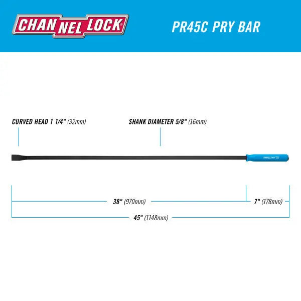 Channellock Curved Strike Cap Professional Pry Bar, 1-1/4 x 38 in, 45 in Overall Length - CL PR45C Channellock