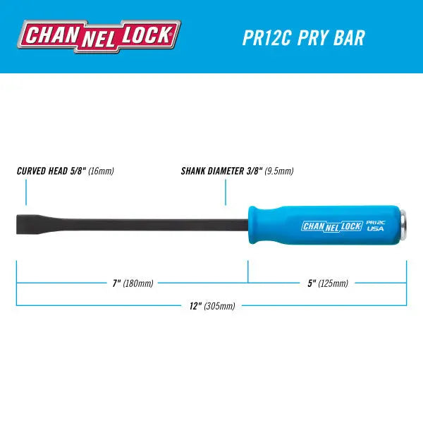Channellock Curved Strike Cap Professional Pry Bar, 5/8 x 7 in, 12 in Overall Length - CL PR12C Channellock