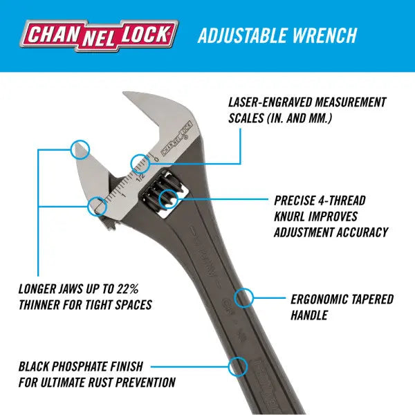 Channellock Black Phosphate Adjustable Wrench, 10 in - CL 810NW Adjustable Wrench Channellock