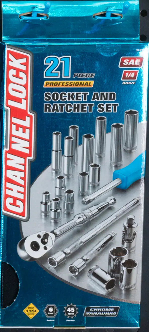 Channellock Set of 21 1/4 in Drive SAE Socket with Metal Box - CL 34211 Socket Set Channellock