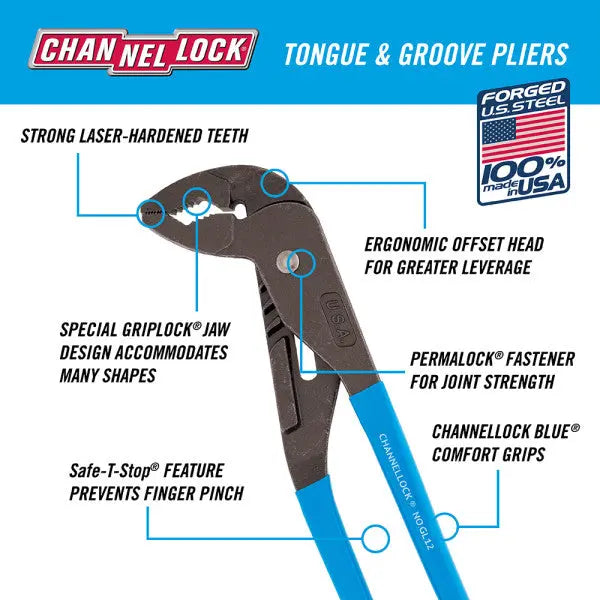 Channellock Griplock Tongue and Groove Plier, 12.5 in - CL GL12 Pliers Channellock
