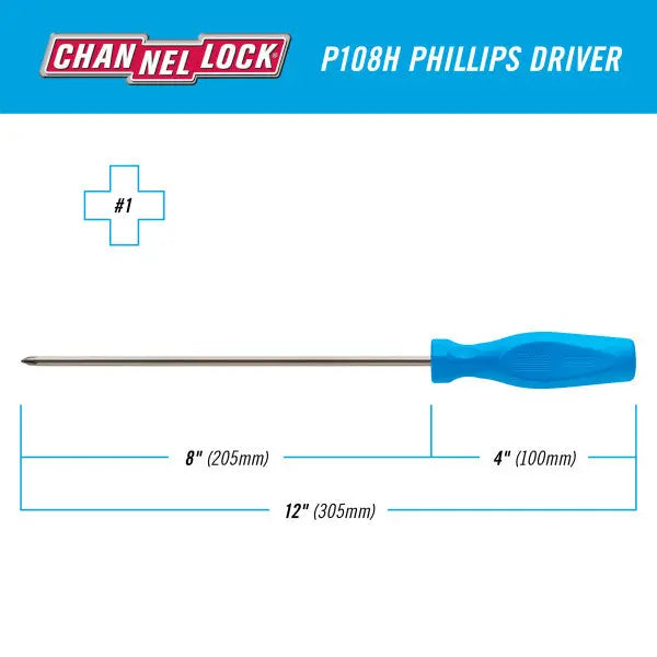 Channellock Magnetic Tip Professional Phillips Screwdriver, PH1 x 8 in - CL P108H Channellock