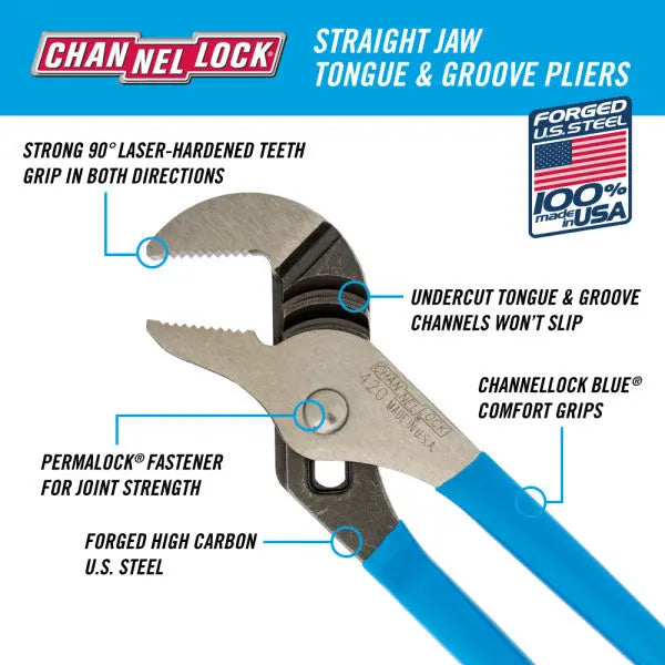 Channellock Straight Jaw Tongue and Groove Plier, 9.5 in - CL 420 Channellock