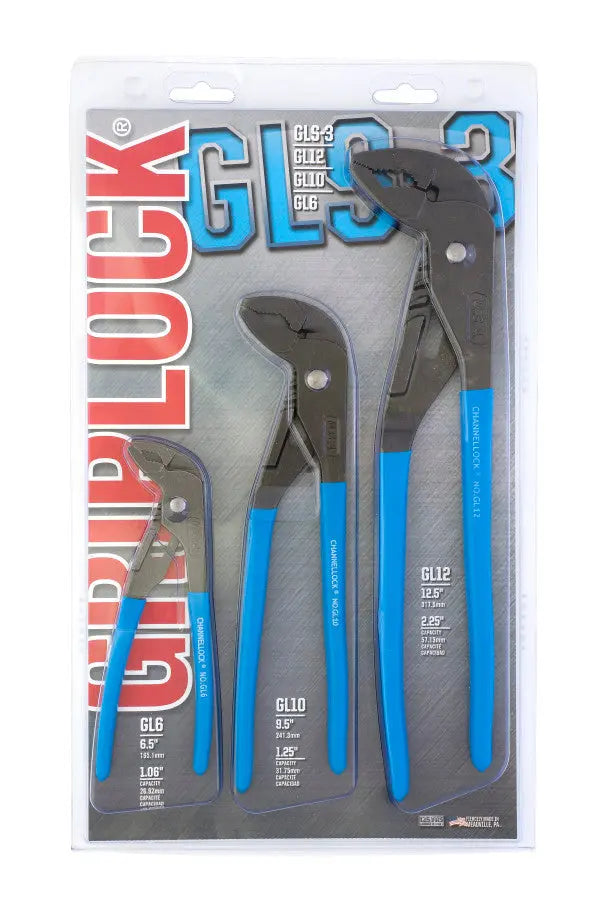 Channellock Set of 3 Griplock Tongue and Groove Pliers, 6.5 in, 9.5 in, 12.5 in - CL GLS-3 Plier Set Channellock