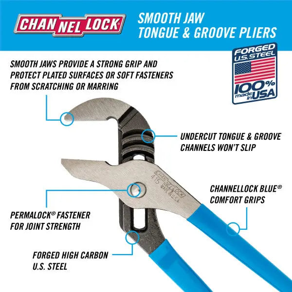 Channellock Smooth Jaw Tongue and Groove Plier, 10 in - CL 415 Channellock