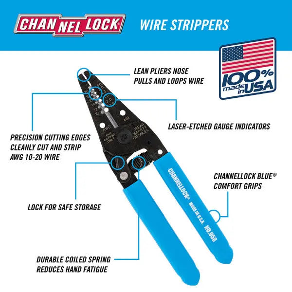Channellock 10-20 AWG Strip, Cut Wire Stripper, 6.25 in - CL 958 Wire Stripper Channellock
