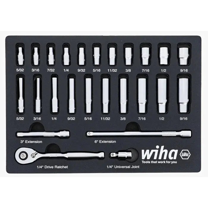 Wiha 33396, 25 Pc. 1/4" Socket Tray Set Inch Wiha