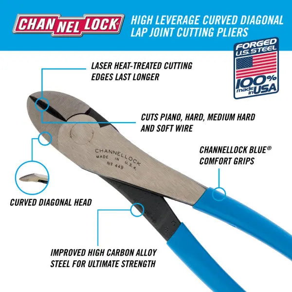 Channellock High Leverage Curved Diagonal Cutting Plier, 9.54 in - CL 449 Channellock