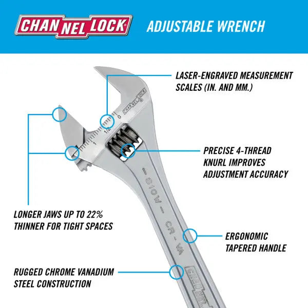 Channellock Chrome Adjustable Wrench, 10 in - CL 810W Adjustable Wrench Channellock