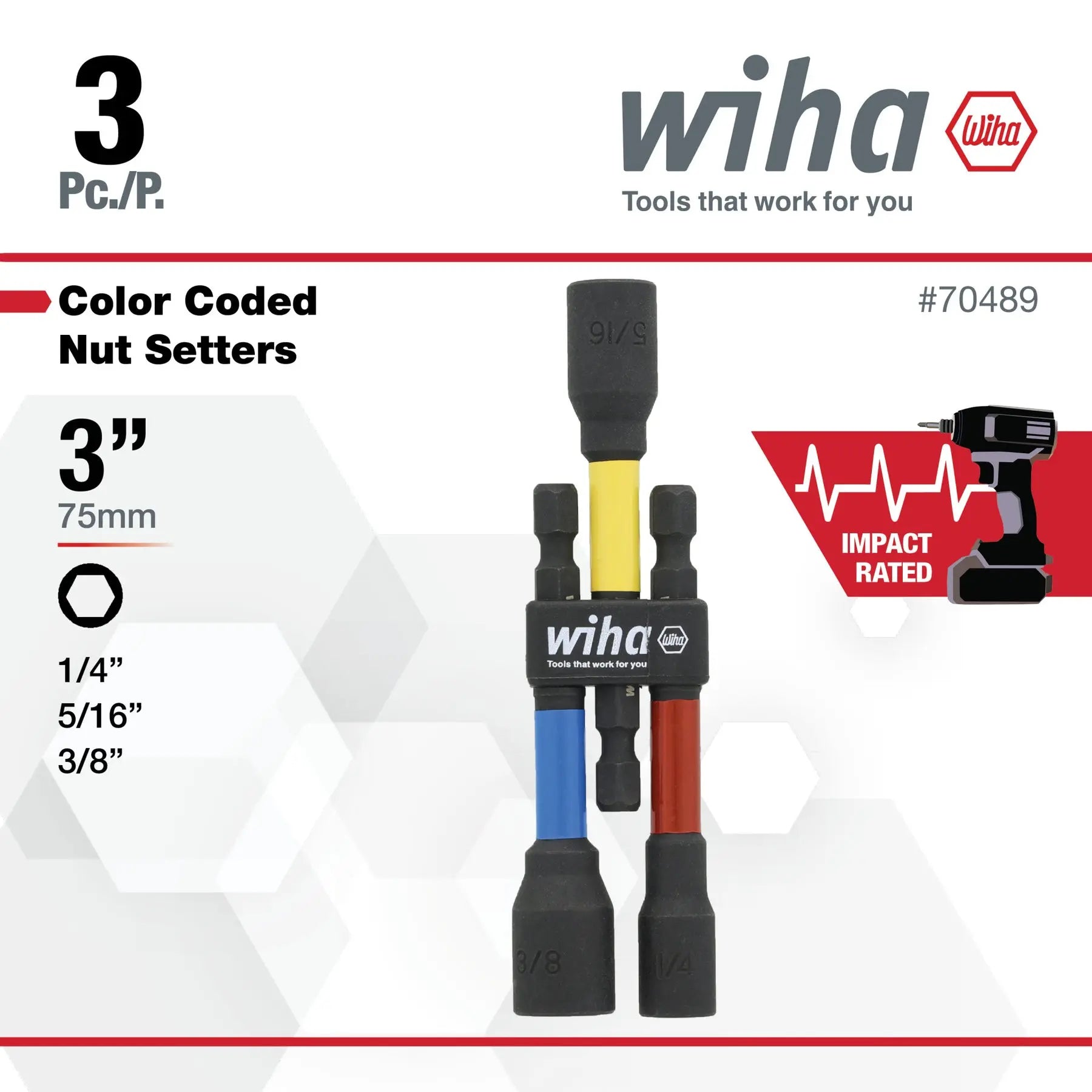 Wiha Set of 3 Color Coded SAE Magnetic Nut Setters, 3 in - WI 70489 Wiha
