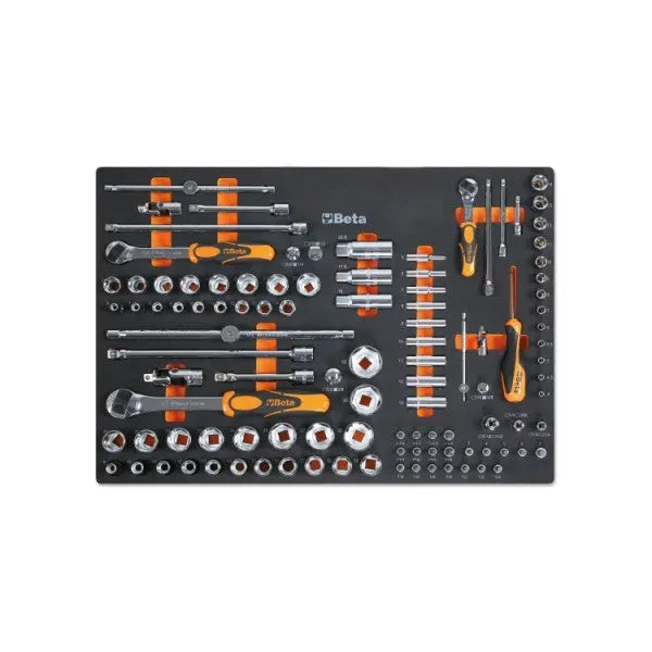 Beta Tools (Article# MM105) Set of 107 1/4 in, 1/2 in, 3/8 in Drive Socket and Accessories with Soft Thermoformed Tray for Tool Cabinet Drawer - BT 24580105 Beta Tools