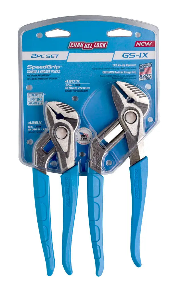 Channellock Set of 2 Speedgrip Tongue and Groove Pliers, 10 in, 8 in - CL GS-1X Plier Set Channellock