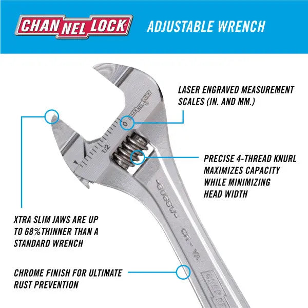 Channellock Precision Extra Slim Jaw Chrome Adjustable Wrench, 6.38 in - CL 806SW Adjustable Wrench Channellock