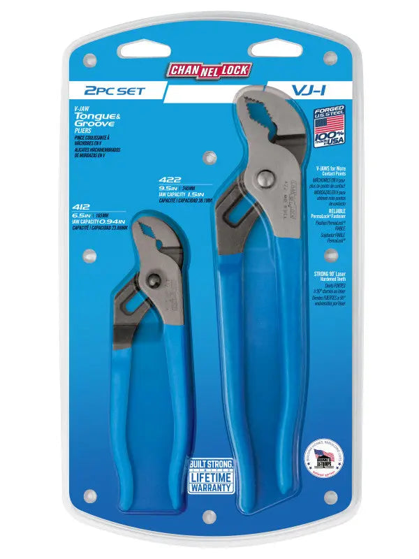 Channellock Set of 2 V-Jaw Tongue and Groove Pliers, 6.5, 9.5 in - CL VJ-1 Plier Set Channellock