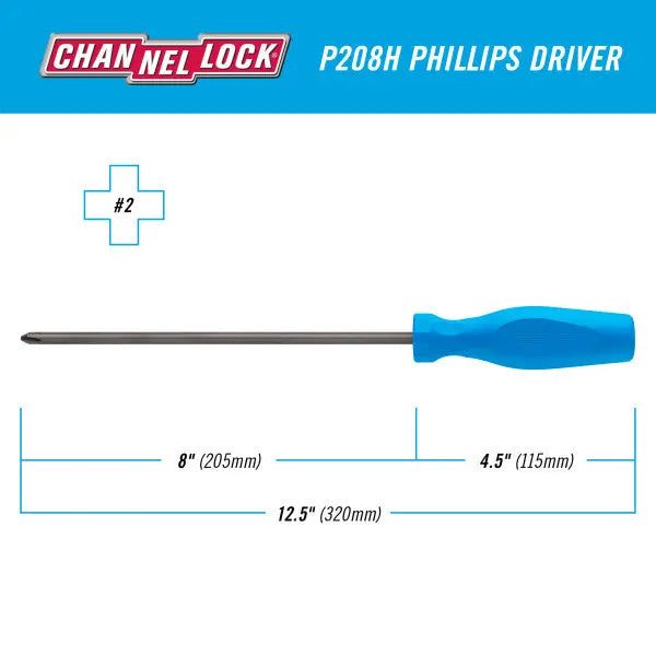 Channellock Magnetic Tip Professional Phillips Screwdriver, PH2 x 8 in - CL P208H Channellock