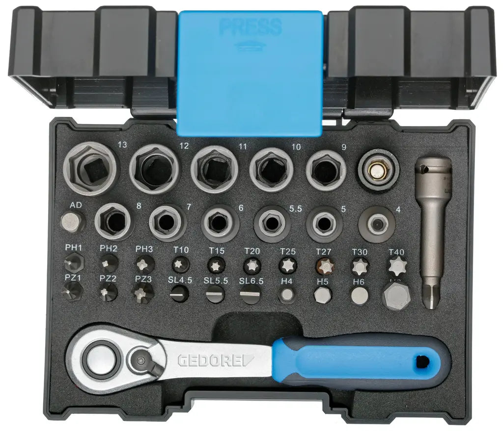 Gedore Set of 35 1/4 in Bit Socket with Ratchet and Box - GD 2998211 Gedore