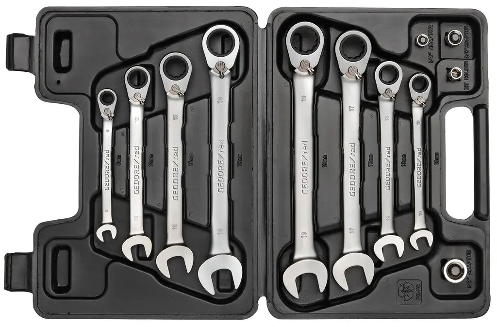 Gedore Set of 12 Combination Ratchet Wrench with Adaptor, 8 - 19mm - GD 3300059 Gedore