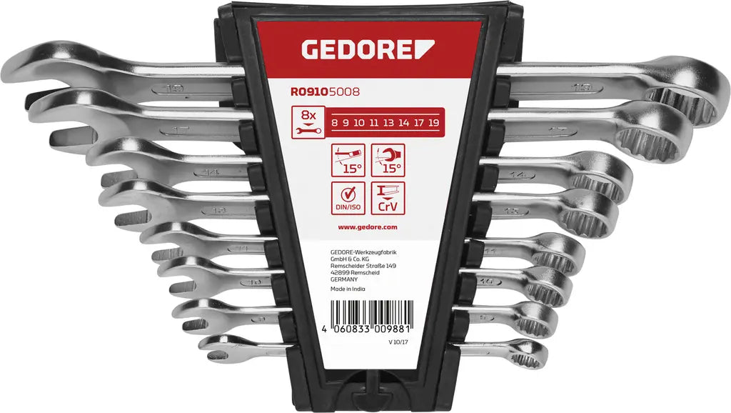 Gedore Set of 8 Ring Jaw Combination Wrench, 9 - 19mm - GD 3300988 Gedore