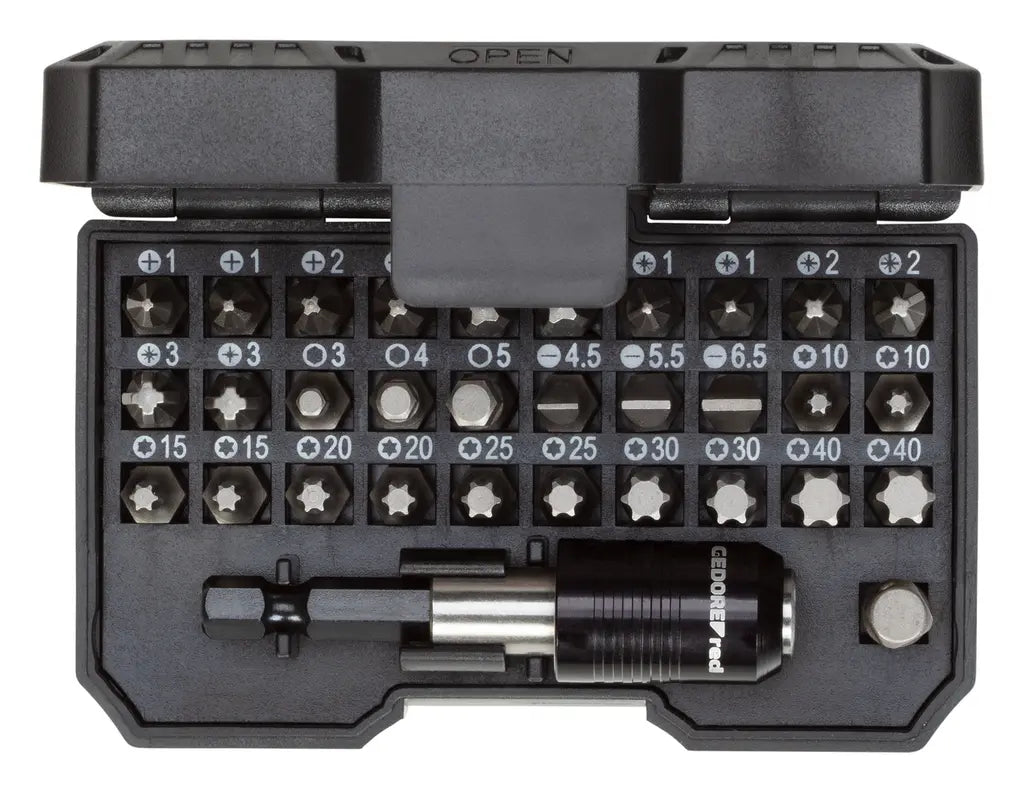 Gedore Set of 32 1/4 in Bit Box, SL+PH+PZ+TX+6-Edge - GD 3301338 Gedore