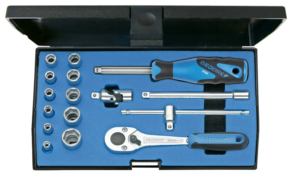 Gedore Set of 16 1/4 in Hexagon Socket Wrench with Reversible Lever Ratchet, 4 - 13mm - GD 6162220 Gedore