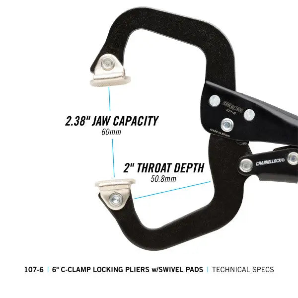 Channellock C-Clamp Locking Plier with Swivel Pads, 6.69 in - CL 107-6 Channellock