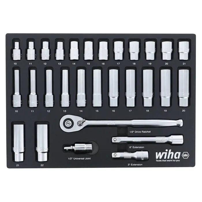 Wiha 33895, 29 Pc. 1/2" Socket Tray Foam Set Metric Wiha