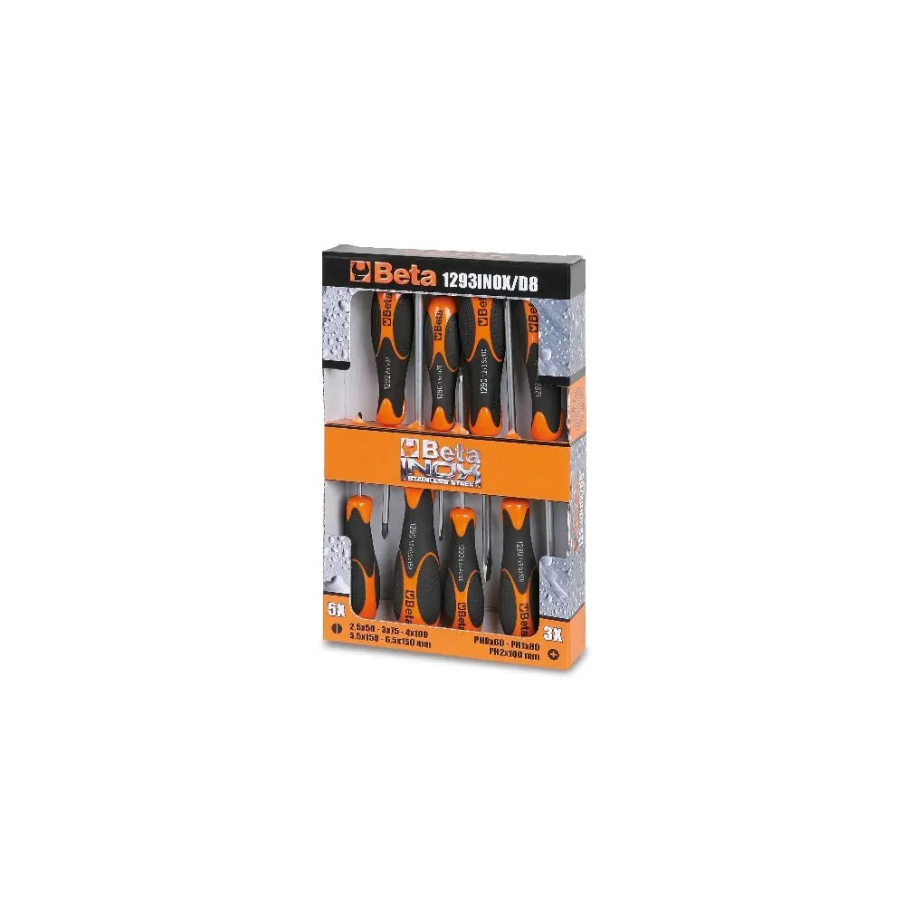 Beta Tools (Article# 1293INOX/D8) Set of 10 Slotted and Phillips Head Screwdrivers, INOX Stainless Steel - BT 12930408 Beta Tools