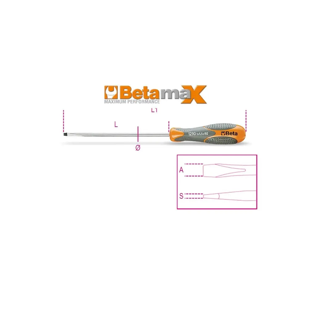 Beta Tools (Article# 1290 5.5X100) 5.5 x 100mm Screwdriver for Slotted Head Screws - BT 12900039 Beta Tools