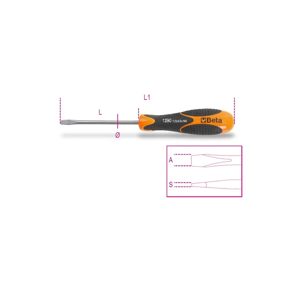 Beta Tools (Article# 1290INOX 6.5X150) Slotted Screwdriver, INOX Stainless Steel, 6.5mm Tip, OAL 150mm - BT 12900451 Beta Tools
