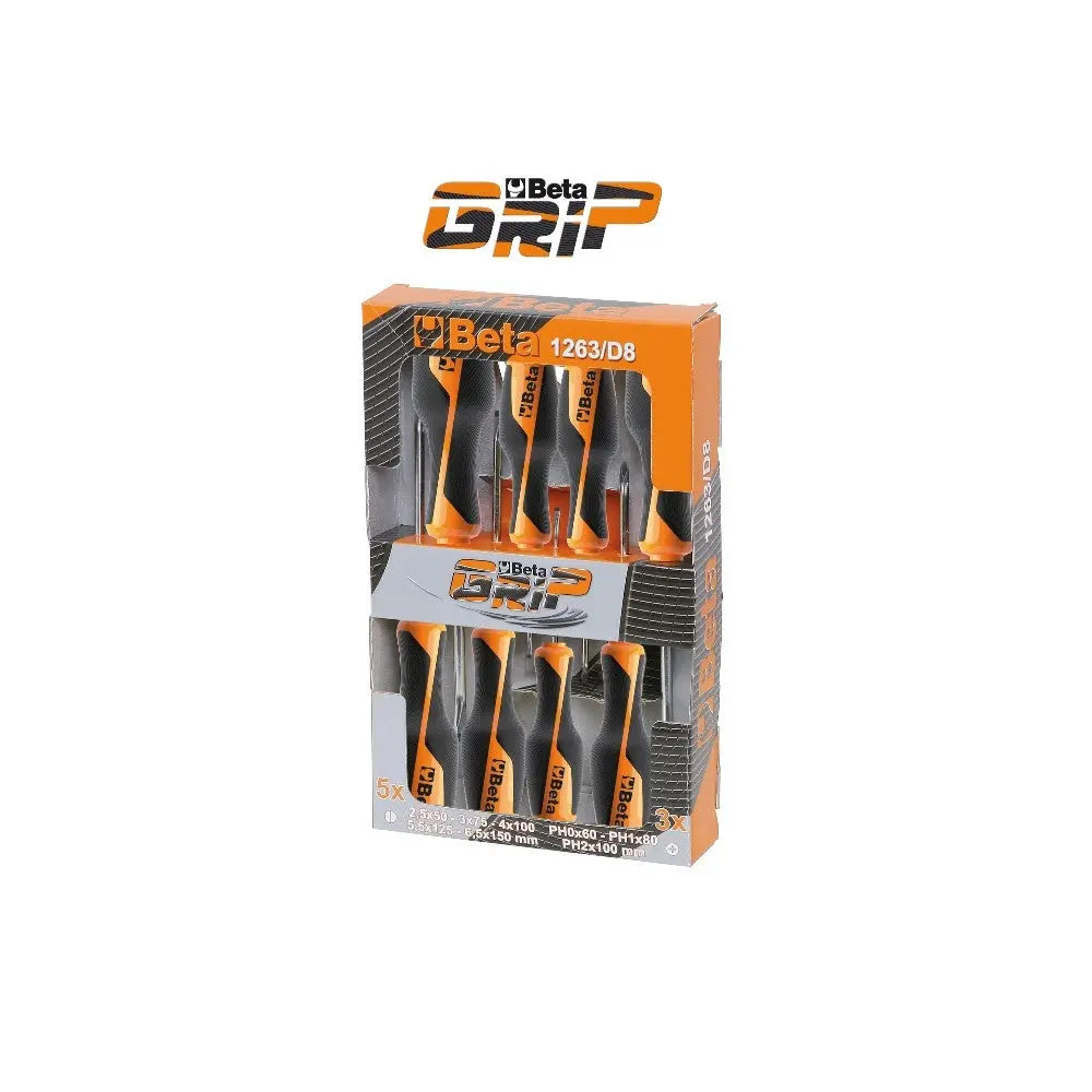 Beta Tools (Article# 1263/D8) Set of 8 Screwdrivers - 4 Slotted Head and 4 Phillips Head - BT 12630008 Beta Tools