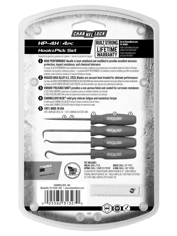 Channellock Set of 4 4-Sided Grip Precision Hook and Pick - CL HP-4H Channellock