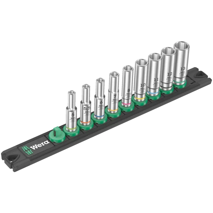 Wera Set of 9 1/4 in Drive Deep Socket with Magnetic Rail - WE 05005410001 