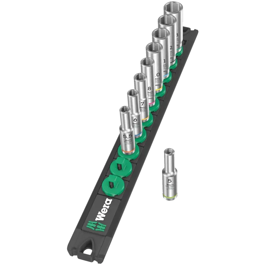 Wera Set of 9 1/4 in Drive Deep Socket with Magnetic Rail - WE 05005410001 