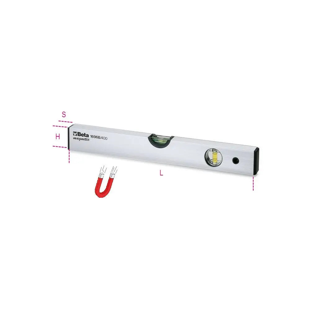 Beta Tools (Article# 1696B 500) Spirit Levels with Magnetic Bases, Anodized Profiled Aluminum, 2 Unbreakable Vials, OAL 500mm - BT 16960205 Beta Tools