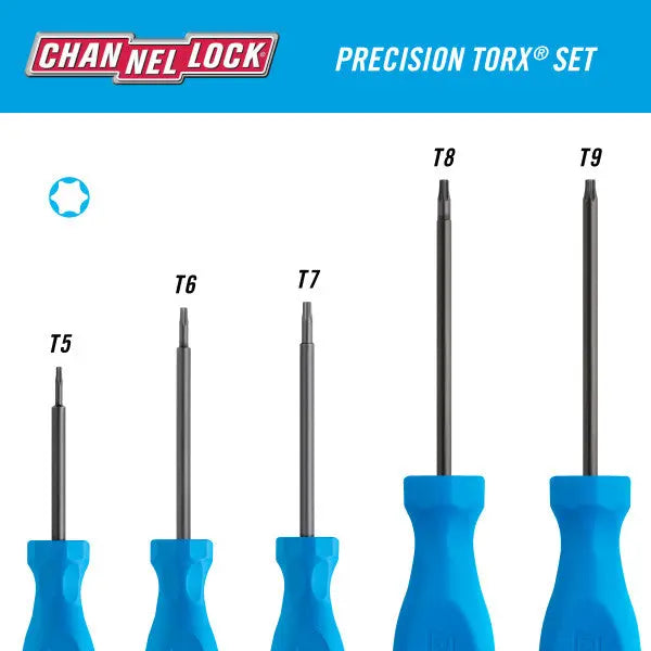 Channellock Set of 5 Tri-lobe Grip Black Nitride Precision Torx Screwdrivers - CL TP-5H Channellock