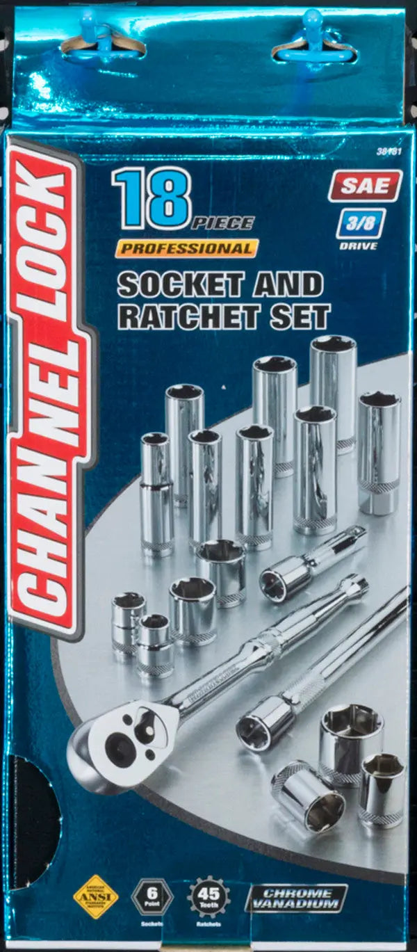Channellock Set of 18 3/8 in Drive SAE Socket with Metal Box - CL 38181 Socket Set Channellock