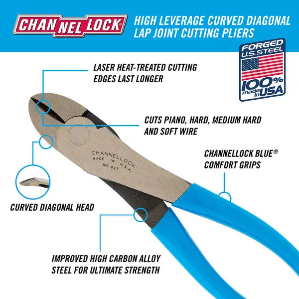 Channellock High Leverage Curved Diagonal Cutting Plier, 7.75 in - CL 447 Channellock