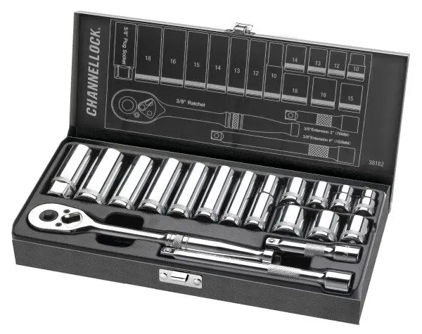 Channellock Set of 18 3/8 in Drive Metric Socket with Metal Box - CL 38182 Socket Set Channellock