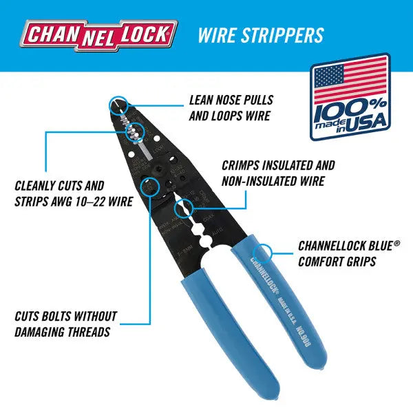 Channellock 10-22 AWG Strip, Crimp, Cut Wire Stripper, 8.25 in - CL 908 Channellock