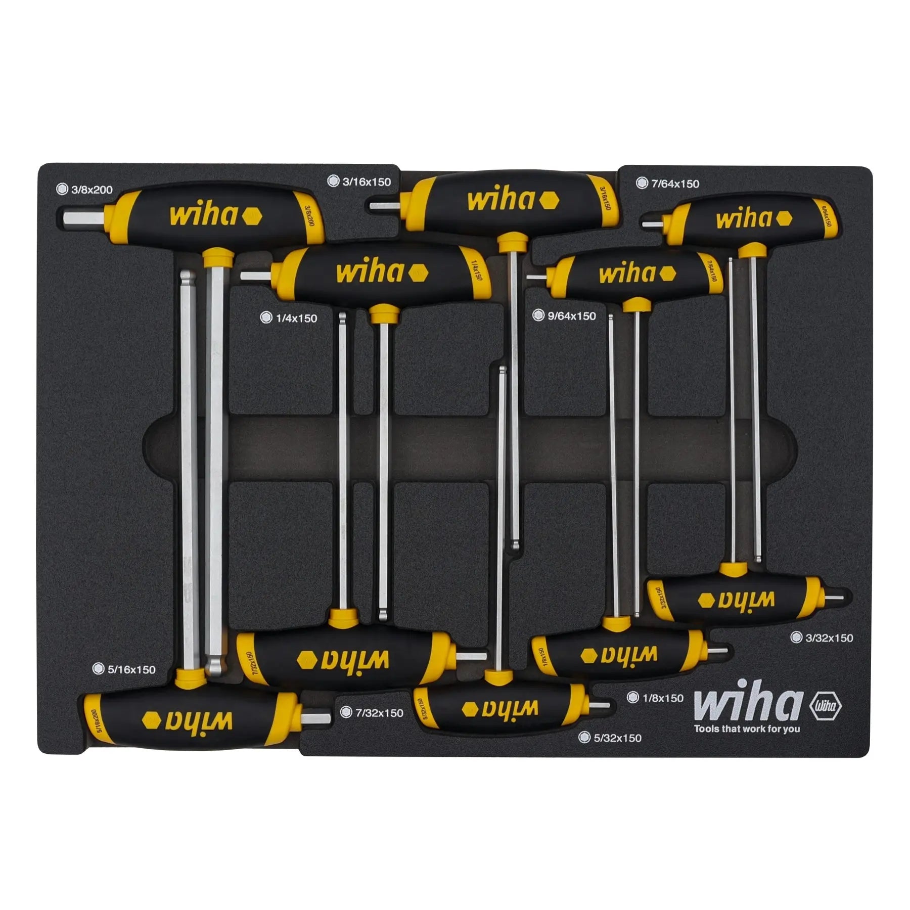 Wiha Set of 10 SoftGrip SAE Dual Hexagon Drive T-Handles with Tray - WI 54081 Wiha