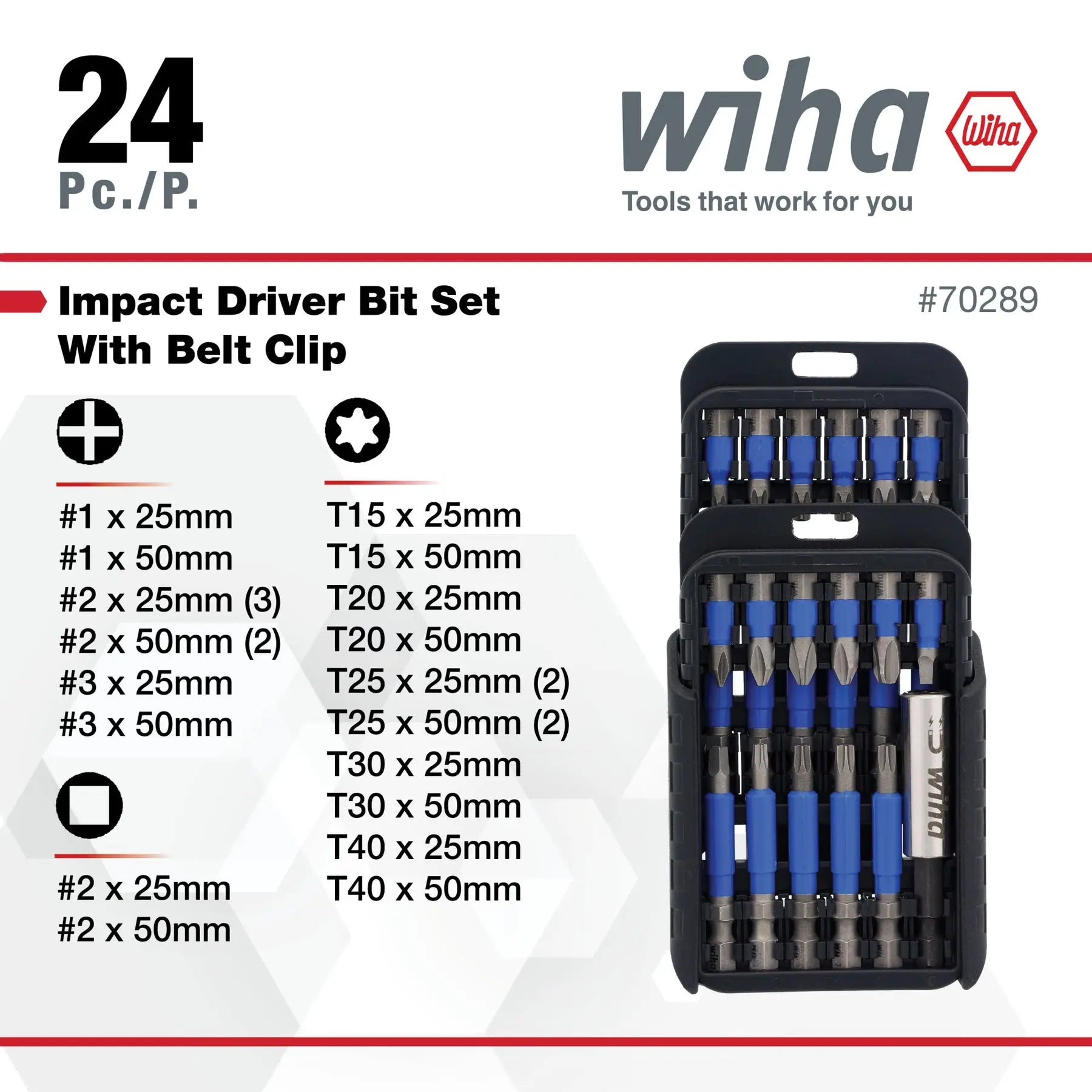 Wiha Set of 24 TerminatorBlue Impact Driver Bits with Belt Clip - WI 70289 Wiha