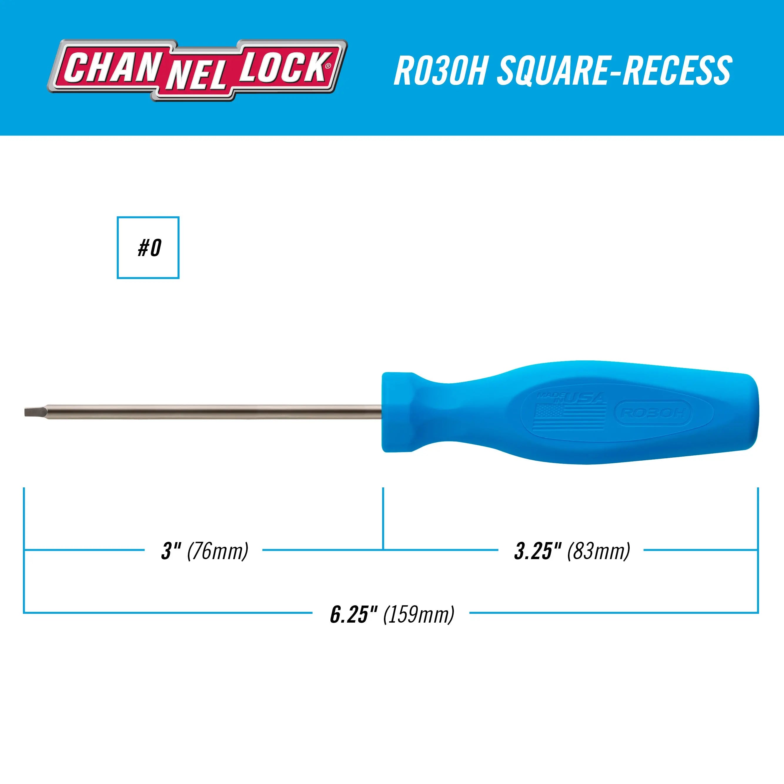 Channellock Square Recess Professional Screwdriver, SQ0 x 3 in - CL R030H Channellock