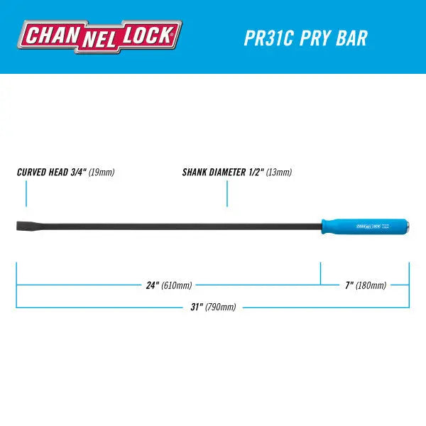 Channellock Curved Strike Cap Professional Pry Bar, 1/2 x 24 in, 31 in Overall Length - CL PR31C Channellock