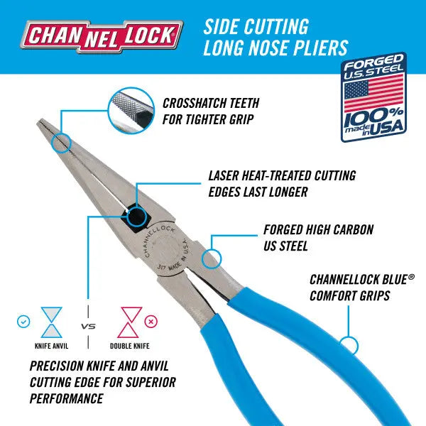 Channellock Long Nose Plier with Side Cutter, 8 in - CL 317 Channellock