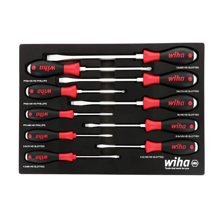 Wiha Set of 10 SoftFinish X Heavy Duty Cushion Grip Screwdrivers with Tray - WI 53180 Wiha