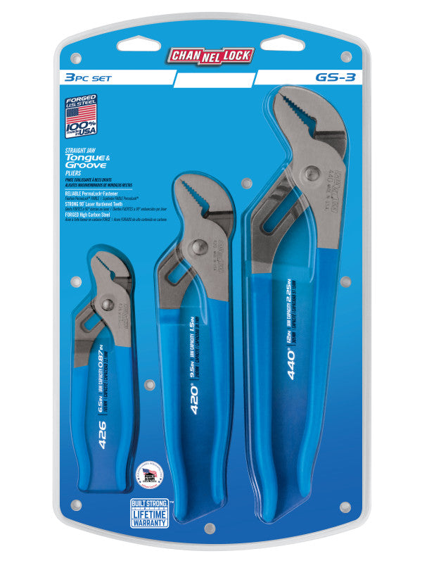 Channellock Set of 3 Tongue and Groove Pliers, 6.5 in, 9.5 in, 12 in - CL GS-3